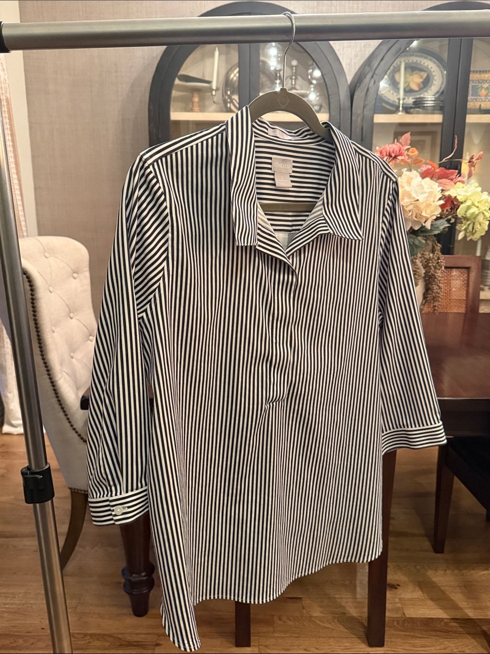 Chico's Black and White Striped Button-Down Shirt